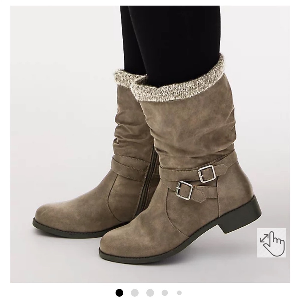 Gray faux leather sweater trimmed slouchy moto boot wide width from torrid